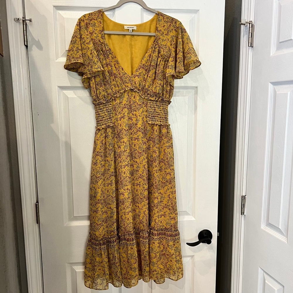 Max Studio Midi Dress Polyester Floral Mustard Yellow L Cottagecore Boho Prairie